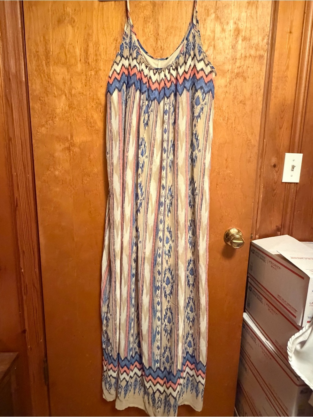 Striped Spaghetti-Strap Maxi Dress in Blue and Cream‎